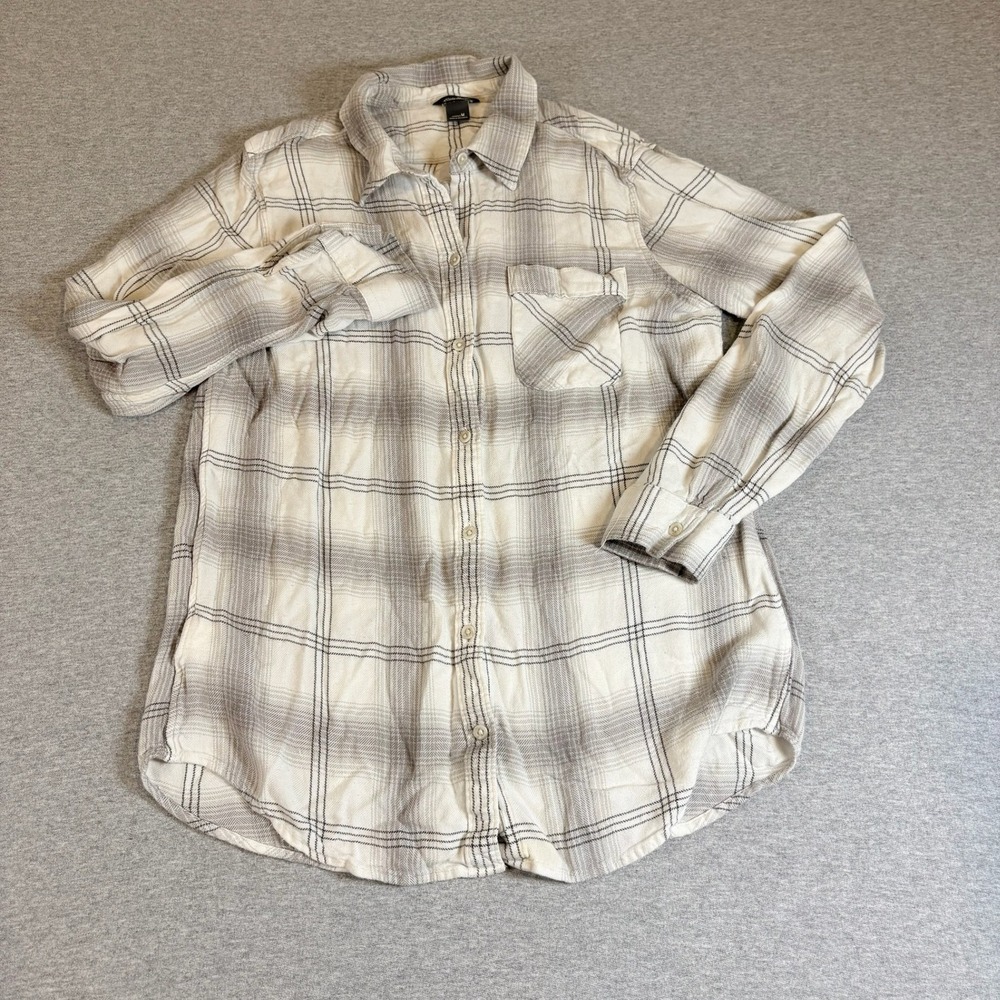 Eddie‎ Bauer Button Down Shirt Womens M Gray White Plaid Rayon Long Sleeve
